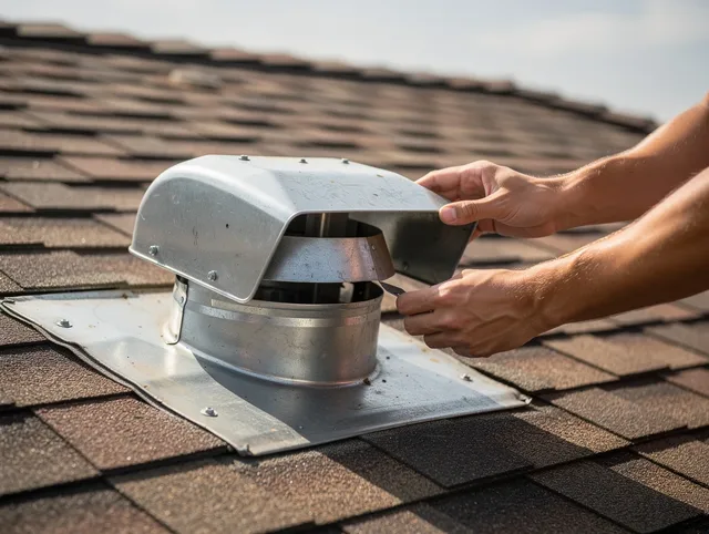 Groton Dryer Vent Cleaning certified technician safely cleaning a roof-mounted dryer vent in Groton