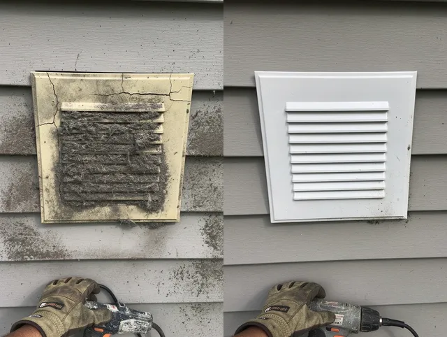 Groton Dryer Vent Cleaning technician installing high-quality dryer vent cover at a residential property in Groton