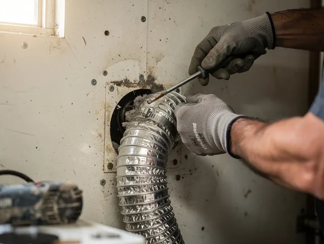 Groton Dryer Vent Cleaning technician performing precise dryer vent hose installation in Groton